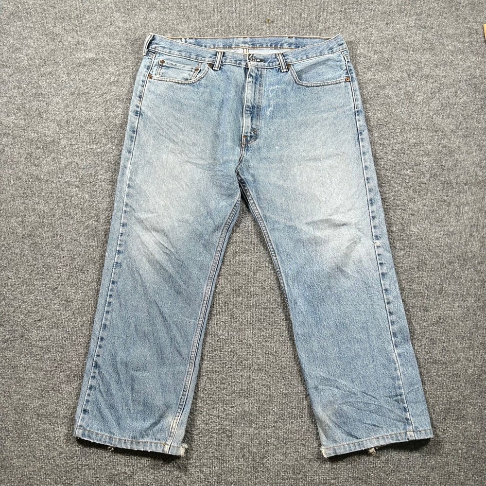 Levis Jeans Mens Size 38x26 Blue 505 Straight Leg Distressed Ripped Denim Fair